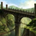 architecture bridge cloud commentary english_commentary grass hermitcraft highres in-universe_location minecraft_youtube nature no_humans outdoors painterly peregrine_(milkypiggybeans) rock scenery sky 
