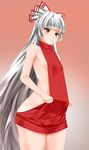  absurdres bow braco breasts cowboy_shot fujiwara_no_mokou hair_bow highres long_hair meme_attire red_eyes sideboob silver_hair small_breasts solo sweater thighs toothpick touhou very_long_hair virgin_killer_sweater wide_hips 