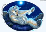  2016 anthro black_lips black_nose breasts canine female fur green_eyes grey_fur kashmere mammal moon night nude outside pawpads pussy sky smile solo star starry_sky under_boob wolf 