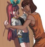  1boy 1girl aubrey_(faraway)_(omori) aubrey_(omori) black_eyes blue_eyes blue_hairband blue_skirt brown_hair clenched_teeth collarbone commentary_request crop_top dark-skinned_male dark_skin denim denim_skirt double-parted_bangs hair_between_eyes hairband highres holding_another's_wrist jacket kel_(faraway)_(omori) kel_(omori) long_hair navel omori open_clothes open_jacket open_mouth orange_shorts pink_hair short-sleeved_jacket short_hair short_sleeves shorts shousan_(hno3syo) sidelocks skirt sweatdrop teeth white_jacket 