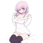  black-framed_eyewear black_legwear breasts chan_co cleavage ears_visible_through_hair eyebrows_visible_through_hair fate/grand_order fate_(series) glasses hair_over_one_eye large_breasts mash_kyrielight pink_hair purple_eyes short_hair sitting sleeves_past_wrists solo strap_gap sweatdrop sweater thighhighs zettai_ryouiki 