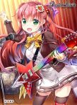  1girl amplifier battle_spirits blazer bow bowtie brown_jacket brown_thighhighs brown_trim copyright_logo copyright_name copyright_notice fujima_takuya green_eyes guitar hair_ornament hair_ribbon hand_jewel holding holding_guitar holding_instrument holding_plectrum instrument jacket logo long_hair long_sleeves microphone_stand noa_fleur official_art open_clothes open_jacket open_mouth pink_ribbon plectrum red_hair ribbon school_uniform shirt skirt solo thigh_strap thighhighs two_side_up white_shirt white_skirt yellow_bow yellow_bowtie 