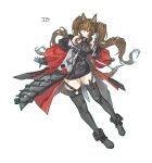  1girl absurdres angelina_(arknights) animal_ear_fluff animal_ears arknights arknights:_endfield artist_name bare_shoulders belt black_boots black_dress black_gloves black_thighhighs boots brown_hair coat commentary dress elbow_gloves english_commentary floating_clothes floating_hair fold-over_boots fox_ears fox_girl fox_tail full_body gilberta_(arknights) gloves green_outline grey_dress hair_between_eyes headpiece high_belt high_collar highres impossible_clothes impossible_dress jis_3535 leaning_to_the_side long_hair long_sleeves looking_at_viewer looking_to_the_side off_shoulder open_clothes open_coat outline red_coat red_eyes short_dress simple_background solo tail thighhighs twintails very_long_hair white_background zettai_ryouiki 