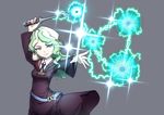  blonde_hair blue_eyes breasts casting_spell curly_hair diana_cavendish electricity energy_ball kido_airaku light_green_hair little_witch_academia long_hair magic medium_breasts multicolored_hair solo sparkle two-tone_hair wand witch 