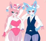  blue_hair bulge clothing eeveelution female fur girly hair hat male nintendo one_eye_closed pink_hair pok&eacute;mon razplus sibling simple_background sylveon top_hat twins video_games white_fur wink 