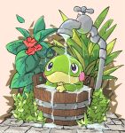  01koooiocha17 black_eyes bucket commentary_request faucet highres leaf looking_up no_humans plant pokemon pokemon_(creature) pokemon_focus politoed smile solo water 
