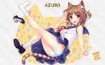  :3 :d animal_ears artist_name azuki_(sayori) bare_shoulders bell bell_collar blue_skirt blush breasts brown_eyes brown_hair cat_ears cat_hair_ornament cat_tail character_name collar eyebrows_visible_through_hair fanbox_reward fang full_body hair_ornament highres jingle_bell kneepits leg_up looking_at_viewer mary_janes nekopara official_art open_mouth paid_reward panties pointing pointing_at_viewer sailor_collar salute sayori shoe_removed shoes short_hair single_shoe skirt slit_pupils small_breasts smile socks solo star striped_tail tail two_side_up underwear upskirt wallpaper white_legwear white_panties 