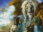  ajani_goldmane anthro beard eye_scar facial_hair feline holding_object holding_weapon leonin lion looking_at_viewer magic_the_gathering male mammal monk&#039;s_spade official_art scar signature solo terese_nielsen traditional_media_(artwork) weapon whiskers 