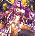  abs bangs breasts bustier claws cleavage cleavage_cutout fate/grand_order fate_(series) feathered_wings glowing glowing_eyes gorgon gorgon_(fate) huge_breasts lips long_hair looking_at_viewer navel orange_eyes parted_bangs pelvic_curtain purple_hair rider scales sidelocks slit_pupils smile solo sparkle teeth tomoyohi wings 