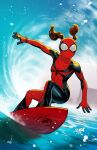  1girl black_bodysuit bodysuit brown_hair david_nakayama day highres makawalu_akana marvel multicolored_bodysuit outdoors red_bodysuit red_mask short_twintails solo spider-girl spider-man_(series) superhero_costume surfboard surfing twintails two-tone_bodysuit water 