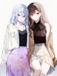  2girls arm_support black_bow black_bowtie black_shirt blue_eyes blurry bow bowtie breast_pocket brown_cardigan brown_eyes brown_hair cardigan collarbone collared_shirt commentary cowboy_shot depth_of_field earrings expressionless flower_earrings hair_between_eyes half_crown_braid highres jacket jewelry long_hair long_sidelocks long_skirt long_sleeves looking_at_viewer medium_hair miniskirt multiple_girls necklace official_alternate_costume open_cardigan open_clothes open_jacket parted_bangs pocket project_sekai purple_skirt see-through_clothes see-through_sleeves shinonome_ena shirt side-by-side sidelocks simple_background single_bare_shoulder sitting skirt spaghetti_strap split_mouth thighs untranslatable_commentary white_hair white_jacket yamaki_kai yellow_skirt yoisaki_kanade zozotown 