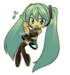  1girl :d absurdly_long_hair bare_shoulders black_boots black_skirt black_sleeves blue_eyes blue_hair blue_necktie blue_trim blush boots chromatic_aberration collared_shirt deformed detached_sleeves double-parted_bangs film_grain flat_chest food full_body grey_shirt hair_between_eyes hair_ornament hands_up hatsune_miku headphones headset highres holding holding_food holding_spring_onion holding_vegetable knees_together_feet_apart long_hair long_sleeves looking_at_viewer menma_(enaic31) miniskirt musical_note necktie open_mouth plantar_flexion pleated_skirt shirt signature simple_background skirt sleeveless sleeveless_shirt smile solo spring_onion tareme thigh_boots twintails v-shaped_eyebrows vegetable very_long_hair vocaloid white_background wide_sleeves zettai_ryouiki 