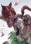  1girl absurdres animal_ears ascot black_thighhighs blue_sailor_collar blush boots breasts brown_hair commentary_request ear_ornament flower-shaped_pupils flower_in_eye highres horse_ears horse_girl horse_tail large_breasts leaning_forward looking_at_viewer open_mouth petals pink_ascot pink_eyes pink_vest puffy_short_sleeves puffy_sleeves purple_eyes rinka_(tonariuta) sailor_collar sakura_laurel_(saisir_le_reve)_(umamusume) sakura_laurel_(umamusume) shirt short_hair short_sleeves shorts single_thighhigh smile solo sweat symbol-shaped_pupils symbol_in_eye tail thighhighs umamusume vest white_boots white_shorts wiping_face wristband 