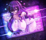  1girl bare_shoulders black-framed_eyewear blush breasts collarbone covered_nipples dress glasses goddess_of_victory:_nikke hair_intakes hair_over_one_eye hanging_breasts huge_breasts impossible_clothes impossible_dress label_(nikke) large_breasts long_hair looking_at_viewer messy_hair multicolored_hair purple_eyes purple_hair purple_nails screen sevie smile solo streaked_hair television through_medium through_screen through_wall torn_clothes torn_dress torn_sleeves very_long_hair white_dress 