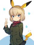  &gt;:( 1girl animal_ears arm_behind_back bangs black_skirt blonde_hair blue_eyes breasts buttons closed_mouth cosplay fake_animal_ears fake_tail frown gen_1_pokemon girls_und_panzer green_jacket hair_between_eyes hairband ikomochi jacket katyusha long_sleeves looking_at_viewer miniskirt parody pikachu pikachu_(cosplay) pikachu_ears pikachu_tail pleated_skirt pocket pokemon pokemon_ears pravda_school_uniform red_shirt shirt short_hair skirt small_breasts solo star tail upper_body v v-shaped_eyebrows white_background 