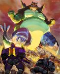 absurd_res aokamidu armor belly breath_powers butt destruction dinosaur elemental_manipulation extreme_size_difference fire fire_breathing fire_manipulation grockle group hi_res humanoid kaiju looking_at_viewer machine macro male ornithischian pecs prehistoric_species reptile robot robot_humanoid scalie size_difference spaceknight stegosaurian tail thyreophoran trio