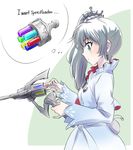  blue_eyes bullet commentary earrings english gun hair_ornament handgun iesupa jewelry long_hair myrtenaster ponytail revolver rwby scar scar_across_eye solo speech_bubble speedloader thinking weapon weiss_schnee white_hair 