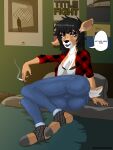 absurd_res anthro bangs bed black_hair bottomwear bra brown_body brown_eyes brown_fur butt casual_clothing cigarette clothed clothing colored_nails dark_hair deer denim denim_bottomwear denim_clothing dialogue ear_piercing eyeliner female fishnet_clothing fur furniture hair hi_res hooves inside jeans layered_clothing lipstick long_hair makeup mammal markings music nails new_world_deer nora_(therumble44) open_clothing open_shirt open_topwear pants pattern_clothing pattern_shirt pattern_topwear piercing plaid plaid_clothing plaid_shirt plaid_topwear poster relaxed_expression shirt sitting smoke smoking solo speech_bubble tail tank_top therumble44 title_fight topwear underwear white-tailed_deer
