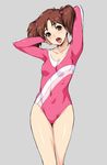  arms_behind_head bow breasts brown_eyes brown_hair covered_navel cowboy_shot grey_background gymnast_leotard hair_bow highres ito_akemi leotard long_sleeves looking_at_viewer open_mouth pink_bow pink_leotard short_hair small_breasts solo standing tongue tongue_out twintails urotsukidouji wacchi 