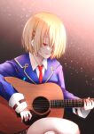 1girl brown_hair commentary_request guitar hair_ornament hair_over_one_eye hairpin heaven_burns_red holding holding_guitar holding_instrument holding_plectrum instrument kayamori_ruka necktie plectrum red_eyes school_uniform short_hair yanagiba_sakana 