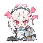  1girl alternate_costume alternate_hairstyle apron apron_pocket aqua_ribbon black_bow black_dress black_shoes blue_archive blush borrowed_clothes bow braid bright_pupils chibi chibi_only collared_dress commentary contrast_collar double-parted_bangs dress enmaided frilled_apron frilled_dress frills full_body hair_between_eyes hair_bow halo hand_on_own_hip highres holding holding_mop kei_(blue_archive) kei_(new_body)_(blue_archive) kei_(robot)_(blue_archive) long_bangs long_hair long_hair_between_eyes long_sleeves looking_at_viewer low-braided_long_hair low-tied_long_hair maid maid_apron maid_headdress mop neck_ribbon number_print open_mouth pantyhose pink_eyes pink_halo pocket puffy_long_sleeves puffy_sleeves rectangular_halo rectangular_mouth ribbon ringed_eyes robotic_vacuum_cleaner shoes shout_lines sidelocks simple_background solo standing straight-on sucong v-shaped_eyebrows very_long_hair white_apron white_background white_hair white_pantyhose 