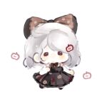  1girl apple apple_hair_ornament apple_print bare_arms bare_shoulders black_bow black_bowtie black_dress black_shoes bow bowtie brown_bow brown_eyes chibi chinese_commentary commentary_request dress fengmi_youzi_hua food food-themed_hair_ornament food_print frilled_dress frills fruit fruit_print fruity_wish_(infinity_nikki) hair_bow hair_ornament hairclip highres infinity_nikki light_blush light_particles long_dress medium_hair nikki_(series) no_mouth pleated_dress polka_dot polka_dot_bow print_dress shoes simple_background sleeveless sleeveless_dress solid_oval_eyes solo standing white_background white_hair 