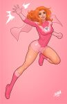  1girl atom_eve boots david_nakayama gloves green_eyes highres invincible_(series) long_hair looking_at_viewer orange_hair pink_background pink_boots pink_gloves pink_shirt pink_shorts shirt short_shorts shorts solo superhero_costume 
