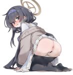  1girl aku0 anus ass bar_censor black_hair black_pantyhose blue_archive blue_eyes blue_hairband blush blush_visible_through_hair brown_cardigan brown_halo brown_ribbon cardigan cardigan_partially_removed censored clothes_lift clothes_pull commentary crossed_bangs embarrassed from_behind from_below hairband halo heavy_breathing highres long_hair long_sleeves looking_at_viewer looking_back low_ponytail medium_skirt no_shoes nose_blush open_mouth panties panties_under_pantyhose panty_pull pantyhose pantyhose_pull peanut_mouth pleated_skirt ponytail puffy_long_sleeves puffy_sleeves pussy raised_inner_eyebrows ribbon ribbon_trim sailor_collar shadow shirt sidelocks simple_background skirt skirt_lift solo sweat toes tongue ui_(blue_archive) underwear very_long_hair white_background white_panties white_sailor_collar white_shirt white_skirt 