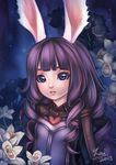  animal_ears black_hair blue_eyes bodysuit bunny_ears curly_hair elin_(tera) flower kaizeru long_hair open_mouth smile solo tera_online upper_body 