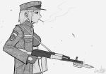  1girl abs absurdres ak-74 assault_rifle bags_under_eyes bayonet belt breast_pocket camouflage camouflage_jacket cigarette crop_top digital_camouflage finger_on_trigger greyscale gun hat highres holding holding_gun holding_weapon jacket kalashnikov_rifle limestone_(artist) marichka military military_uniform monochrome narrowed_eyes open_clothes open_jacket original peaked_cap pocket rifle russo-ukrainian_war short_hair smoke smoking smoking_barrel soldier solo tryzub ukrainian_flag weapon 