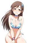  2016 bikini_top bottomless bracelet breasts brown_hair choker cleavage cowboy_shot dated flower hair_flower hair_ornament hairband idolmaster idolmaster_cinderella_girls inue_shinsuke jewelry large_breasts long_hair looking_at_viewer navel nitta_minami parted_lips simple_background smile solo visor_cap white_background 