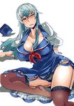  ;( bangs black_panties blue_dress blue_hair blush breasts brown_legwear cleavage collarbone commentary_request dress fallen_down garter_straps hat hat_removed headwear_removed heiseikorotaisei kamishirasawa_keine large_breasts long_hair lying multicolored_hair panties pantyshot pantyshot_(lying) parted_lips puffy_short_sleeves puffy_sleeves red_eyes short_sleeves sidelocks silver_hair solo thighhighs touhou two-tone_hair underwear wince 