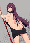  ass back bare_back black_sweater breasts cowboy_shot fate/grand_order fate_(series) gae_bolg highres holding holding_weapon large_breasts long_hair meme_attire naked_sweater pochi_(pochi-goya) purple_hair red_eyes scathach_(fate)_(all) scathach_(fate/grand_order) sideboob solo sweater virgin_killer_sweater weapon 