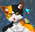  &lt;3 2016 ambiguous_gender anthro avian beak biped bird black_eyes black_fur brown_beak brown_feathers bust_portrait calico_cat cat digital_media_(artwork) duo eyewear feathered_wings feathers feline feral front_view fur glasses green_feathers inner_ear_fluff larger_male looking_at_viewer lovebird male mammal multicolored_feathers multicolored_fur nexsix orange_fur parrot pattern_background pink_nose portrait signature simple_background size_difference smaller_ambiguous smile talons whiskers white_fur wings yellow_eyes yellow_feathers 