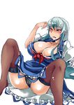  ;( black_panties blue_dress blue_hair breasts brown_legwear cleavage collarbone commentary_request dress fallen_down garter_straps heiseikorotaisei kamishirasawa_keine large_breasts long_hair multicolored_hair no_hat no_headwear panties pantyshot pantyshot_(sitting) parted_lips puffy_short_sleeves puffy_sleeves red_eyes short_sleeves sidelocks silver_hair sitting solo thighhighs touhou two-tone_hair underwear wince 