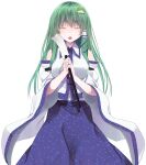  1girl bare_shoulders blue_skirt blue_trim breasts closed_eyes collared_shirt commentary_request cowboy_shot crote detached_sleeves facing_viewer frog_hair_ornament gohei green_hair hair_ornament hair_tubes highres holding holding_gohei kochiya_sanae large_variant_set long_hair parted_lips shirt single_hair_tube skirt sleeveless sleeveless_shirt snake_hair_ornament solo standing tachi-e teeth touhou transparent_background upper_teeth_only variant_set white_shirt white_sleeves wide_sleeves 