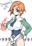  blue_eyes blue_leotard breasts brown_hair disgaea fire flame hand_on_hip large_breasts leotard looking_at_viewer magic_knight_(disgaea) pointy_ears prinny short_hair simple_background smile solo thighs white_background yamaura_tamaki 
