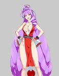  :d breasts cleavage cosplay don_(rg06268) fatal_fury grey_background hands_on_hips highres large_breasts long_hair macross macross_delta mikumo_guynemer multicolored_hair open_mouth purple_hair red_eyes shiranui_mai shiranui_mai_(cosplay) simple_background smile solo the_king_of_fighters very_long_hair 