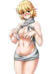  alternate_costume bangs bare_arms bare_shoulders blonde_hair blush breasts closed_mouth cowboy_shot dress eyes_visible_through_hair frown green_eyes groin highres large_breasts meme_attire midriff mizuhashi_parsee navel no_panties nose_blush ootsuki_wataru pointy_ears ribbed_sweater short_hair solo stomach sweater sweater_dress touhou transparent_background virgin_killer_sweater wardrobe_error wavy_mouth 