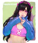  breasts brown_hair cleavage clothes_lift d.va_(overwatch) lips logo long_hair looking_at_viewer midriff nudtawut_thongmai overwatch pink_eyes small_breasts solo sweater sweater_lift tank_top 