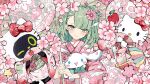  1girl animal apple bangboo_(zenless_zone_zero) blush bow cha_hanare cherry_blossoms cinnamoroll commentary cosplay flower food frown fruit fuwa_fuwa_cinnamoroll green_eyes green_hair green_kimono hair_bow head_tilt hello_kitty hello_kitty_(character) hello_kitty_(character)_(cosplay) highres holding holding_animal holding_umbrella holding_weapon japanese_clothes kimono looking_at_viewer oil-paper_umbrella pink_flower pink_kimono red_bow sanrio short_hair solo sunna_(zenless_zone_zero) umbrella untranslatable_commentary weapon zenless_zone_zero 