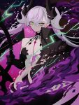  1girl absurdres bare_shoulders black_cloak black_hands body_markings breasts choker cloak colored_extremities commentary crossed_bangs demon_girl demon_horns demon_wings ear_piercing fate/grand_order fate_(series) green_eyes grey_hair hair_between_eyes highres horns koma315ht lilith_(fate) lilith_(second_ascension)_(fate) long_hair looking_at_viewer medium_breasts piercing pointy_ears revision scissors twintails very_long_hair very_long_robe wings 