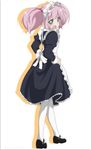  :d apron black_dress blue_eyes dress full_body hair_bobbles hair_ornament maid maid_apron maid_headdress mary_janes open_mouth pantyhose pink_hair ren_kon shoes simple_background smile solo twintails white_background white_legwear yoshikawa_chinatsu yuru_yuri 