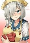  apron artist_name blue_eyes blush box breasts collarbone dated gradient gradient_background grey_hair hair_ornament hair_over_one_eye hairclip hamakaze_(kantai_collection) head_scarf heart-shaped_box highres kamelie kantai_collection large_breasts looking_at_viewer pink_background sailor_collar school_uniform serafuku short_hair short_sleeves solo upper_body white_background 