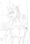  anthro aurelina_canidae big_breasts breasts canine chair chest_tuft claws clothed clothing crossed_legs cup female fur half-closed_eyes hand_on_chin hi_res jewelry mammal middry monochrome necklace sitting solo table thick_thighs tongue tongue_out tuft wolf 