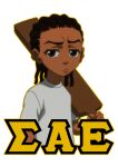  1boy alpha_symbol black_hair brown_eyes child chronoxvii commentary cornrows dark-skinned_male dark_skin english_commentary fraternity greek_text holding holding_paddle light_frown looking_at_viewer male_focus outline paddle riley_freeman shirt sigma_symbol solo t-shirt the_boondocks upper_body very_dark_skin white_background white_shirt yellow_outline 