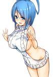  ass back backless_dress backless_outfit bad_anatomy bangs bare_shoulders blue_eyes blue_hair borushichi breasts butt_crack clothes_pull collarbone covered_nipples cowboy_shot dress eyebrows_visible_through_hair groin hair_between_eyes hair_rings halterneck hands_up highres kaku_seiga large_breasts legs_together looking_at_viewer medium_hair meme_attire naked_sweater no_bra no_panties open_mouth pulled_by_self ribbed_sweater sideboob sidelocks simple_background smile solo sweater sweater_dress sweater_pull touhou turtleneck turtleneck_sweater virgin_killer_sweater white_background white_dress 