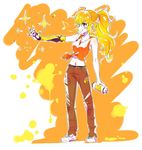  bee blonde_hair bug commentary cyborg denim humming iesupa insect jeans long_hair navel pants prosthesis prosthetic_arm purple_eyes rwby smile solo spoilers spray_can tank_top tied_hair yang_xiao_long 