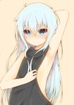  absurdres arm_behind_back arm_up armpits backless_dress backless_outfit bare_shoulders black_dress blue_eyes blue_hair blush breasts closed_mouth dress eyebrows eyebrows_visible_through_hair hair_between_eyes halterneck hibiki_(kantai_collection) highres kantai_collection long_hair looking_at_viewer meme_attire naked_sweater no_bra ribbed_sweater sideboob simple_background small_breasts solo sorahachi_(sora823) sweater sweater_dress turtleneck turtleneck_sweater upper_body virgin_killer_sweater 