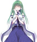  1girl bare_shoulders blue_skirt blue_trim breasts closed_eyes collared_shirt commentary_request cowboy_shot crote detached_sleeves facing_viewer frog_hair_ornament gohei green_hair hair_ornament hair_tubes highres holding holding_gohei kochiya_sanae large_variant_set long_hair shirt single_hair_tube skirt sleeveless sleeveless_shirt smile snake_hair_ornament solo standing tachi-e teeth touhou transparent_background variant_set white_shirt white_sleeves wide_sleeves 